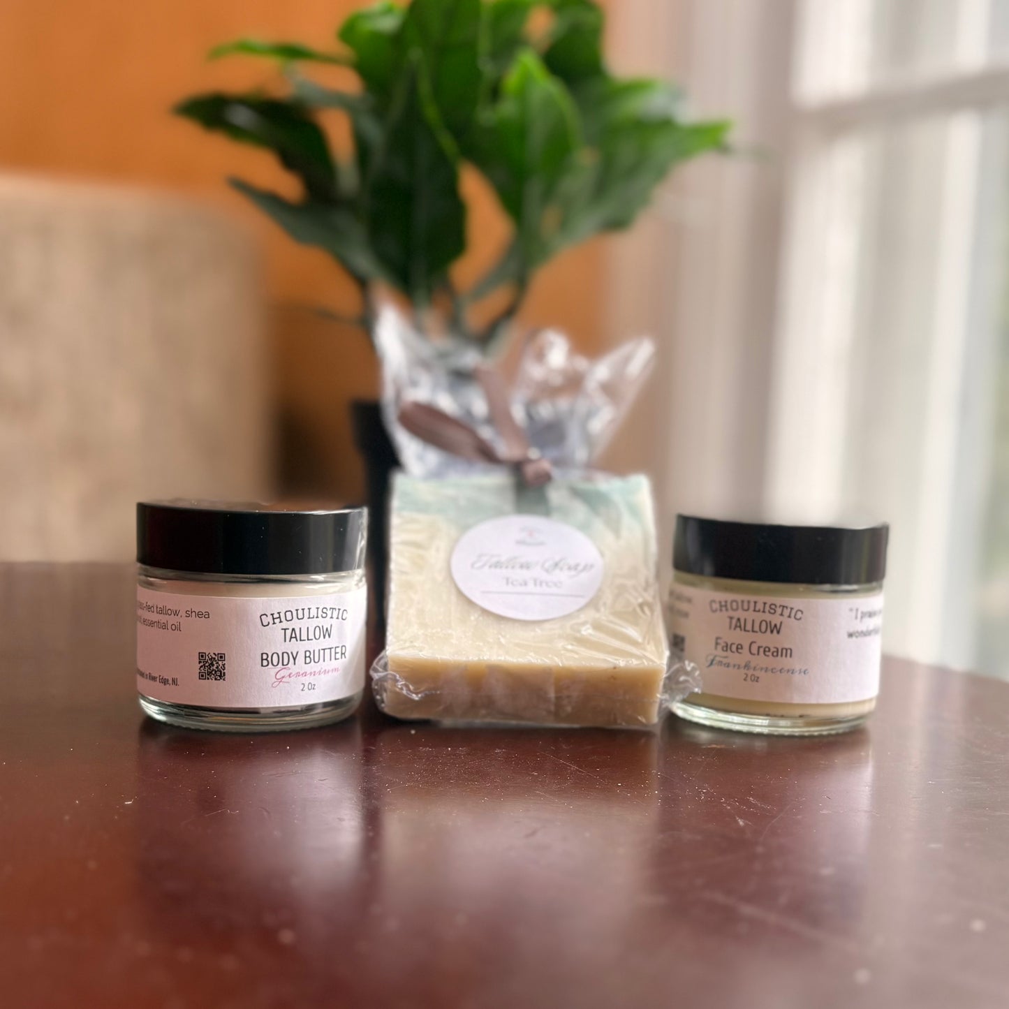 Choulistic Autumn Glow Bundle with geranium tallow body butter, tallow face cream and handmade tallow soap bar