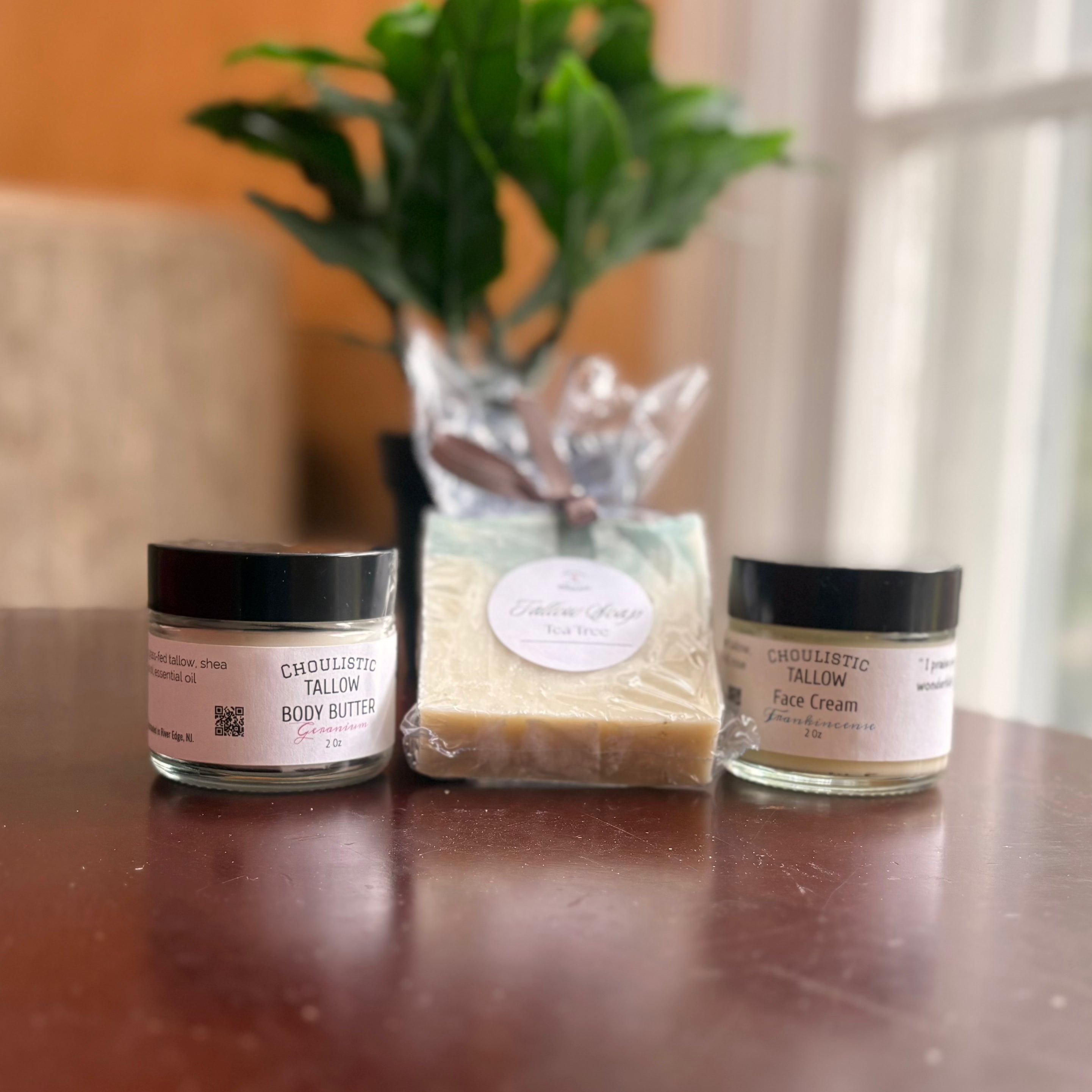 Choulistic Autumn Glow Bundle with geranium tallow body butter, tallow face cream and handmade tallow soap bar